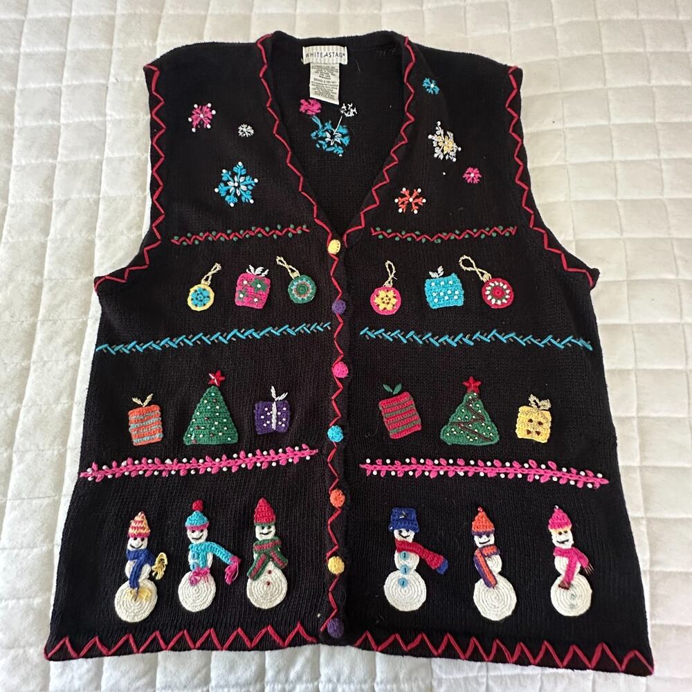Vintage White Stag Sweater Vest Womens 12/14 Black Christmas Embroidered Beaded